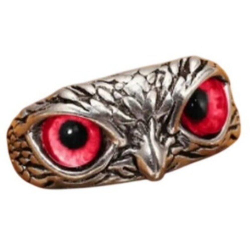 Silver Stainless Steel Red Eye Owl Statement Ring Nickel Free Halo Vintage Y2K - Picture 2 of 2